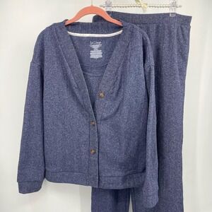 Live 2 Lounge Womens 3 Piece Ribbed Knit Set Cardigan Tank Pants Navy Blue L
